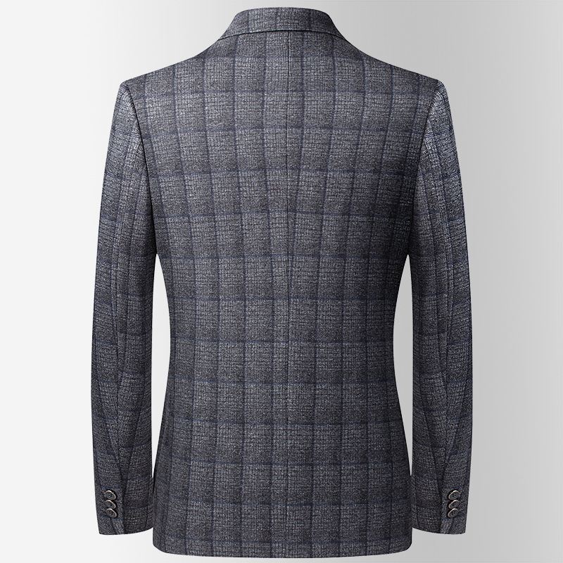 Efterår Og Vinter Plaid Elastisk Jakkesæt Midaldrende Unge Mænds Lille Trend Slim Casual