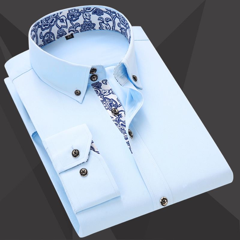 2023 Slanke Mænds Langærmede Skjorter Til Unge Og Midaldrende Business Casual Herreskjorter I Blå Hvid Porcelæn