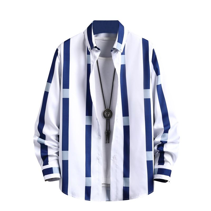 Efterår Mænds Bredstribet Langærmet Skjorte Revers Simple Casual