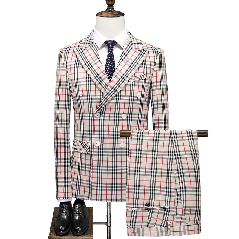 2023 Mænds Business Casual Jakkesæt Sæt Dekoration Body Plaid Dobbeltradet Kjole Tredelt Mænd