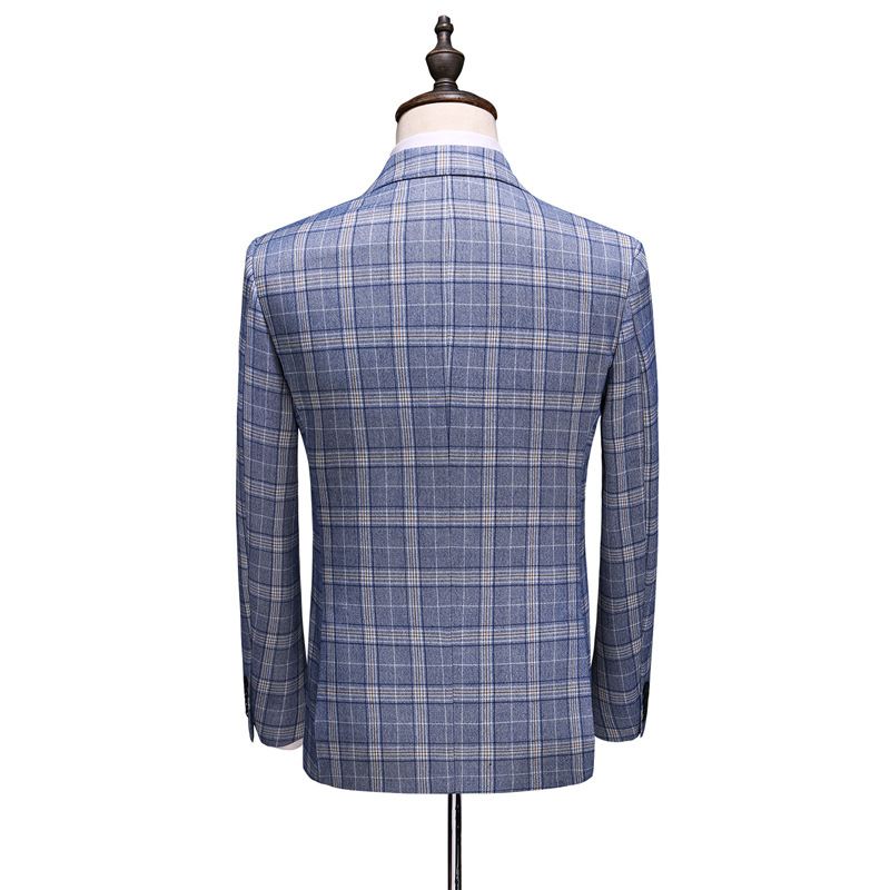 Herredragt Business Casual Plaid Dobbeltradet Jakkesæt Tredelt Brudgom Brudekjole Forlovere